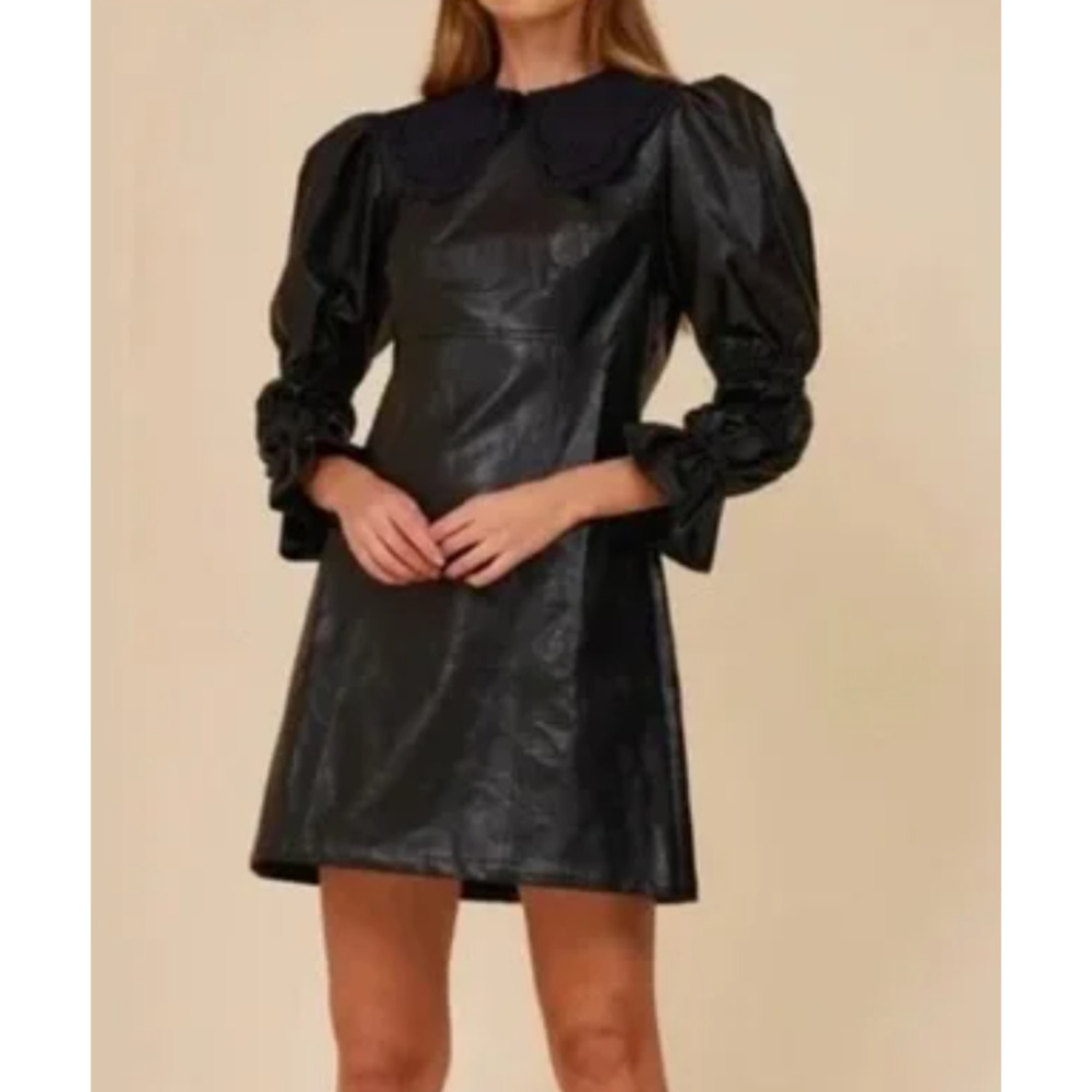 MOODIE Vegan Leather Mini Dress Black Lace Collar Bell Sleeve Edgy Avant Sz Sm